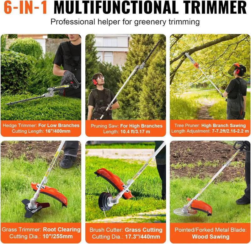 VEVOR 43cc 6-in-1 Multi-Functional Trimming Tool, Hedge Trimmer, Weed Eater, String Trimmer, Brush Cutter, Edger, Pole Saw Chainsaw Pruner with Extension Pole, w/EPA, CE and EMC Certification by GreenHaven Gardens