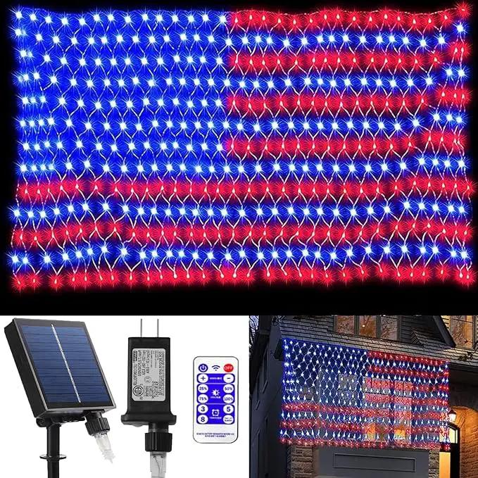 Solar American Flag Lights, Independence Day Decorations 2-in-1 Solar Powered & Plug in US Flag Lights 420 LED 8 Modes Waterproof Flag Lights for July 4th Independence Day, Garden, Yard Decorations by GreenHaven Gardens