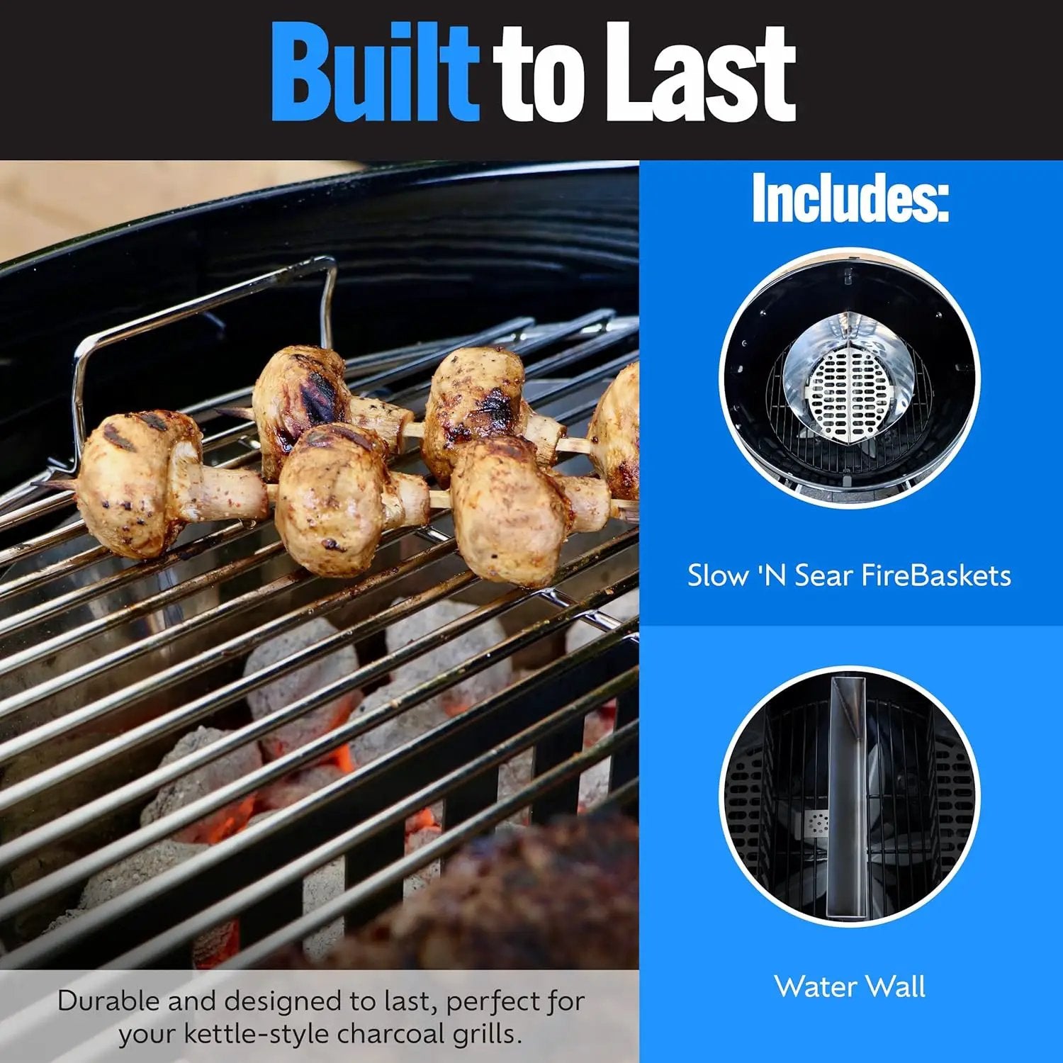 SnS Grills Slow ‘N Sear Charcoal Fire Baskets with Water Pan - Large Capacity Heavy Duty Stainless Steel Outdoor Grill Basket, Kettle Grill Accessory - Compatible with Weber and other Kettles by GreenHaven Gardens