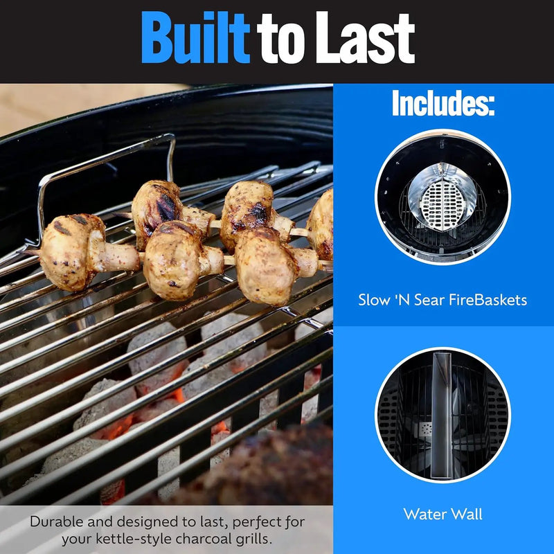 SnS Grills Slow ‘N Sear Charcoal Fire Baskets with Water Pan - Large Capacity Heavy Duty Stainless Steel Outdoor Grill Basket, Kettle Grill Accessory - Compatible with Weber and other Kettles by GreenHaven Gardens