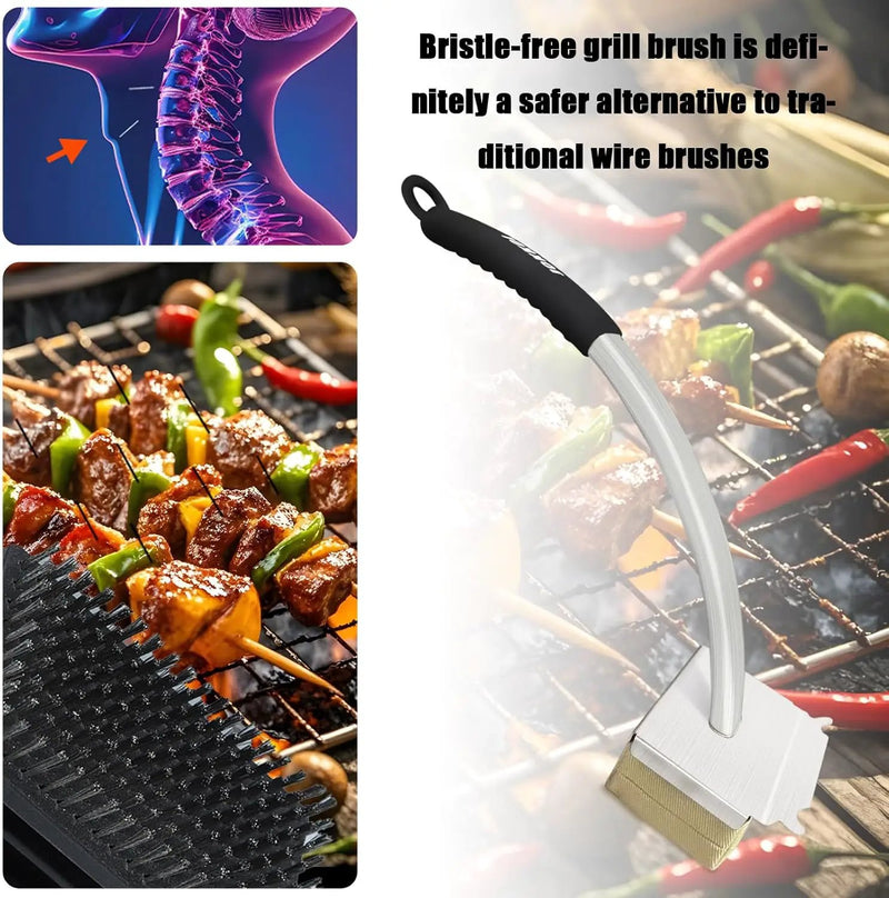 Grill Brush Bristle Free with Hanging Loop,BBQ Safe steam Grill Brush Non Metal bristles,Stainless Steel Cleaning Brush,Includes 2 Replaceable Heads Red by GreenHaven Gardens