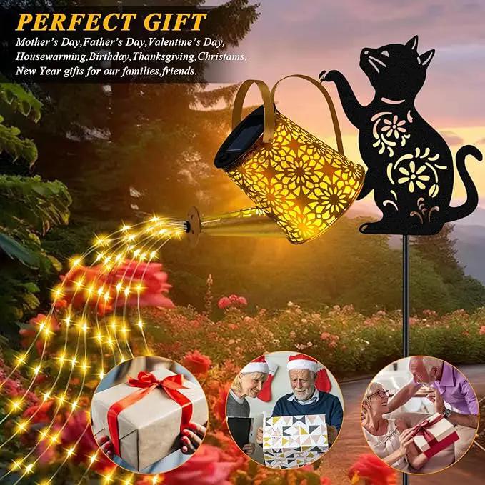 Solar Lights Outdoor Decorative, Watering Can with Cascading Lights, with Cat Silhouette Garden Stakes, Waterproof Metal Garden Decor for Yard Art, Outside, Patio, Lawn Ornaments by GreenHaven Gardens