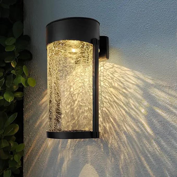 2PK Solar Outdoor Wall Lights with Crackle Glass Shade, Porch Fence Exterior Light Fixture Solar Powered Wall Scones by GreenHaven Gardens