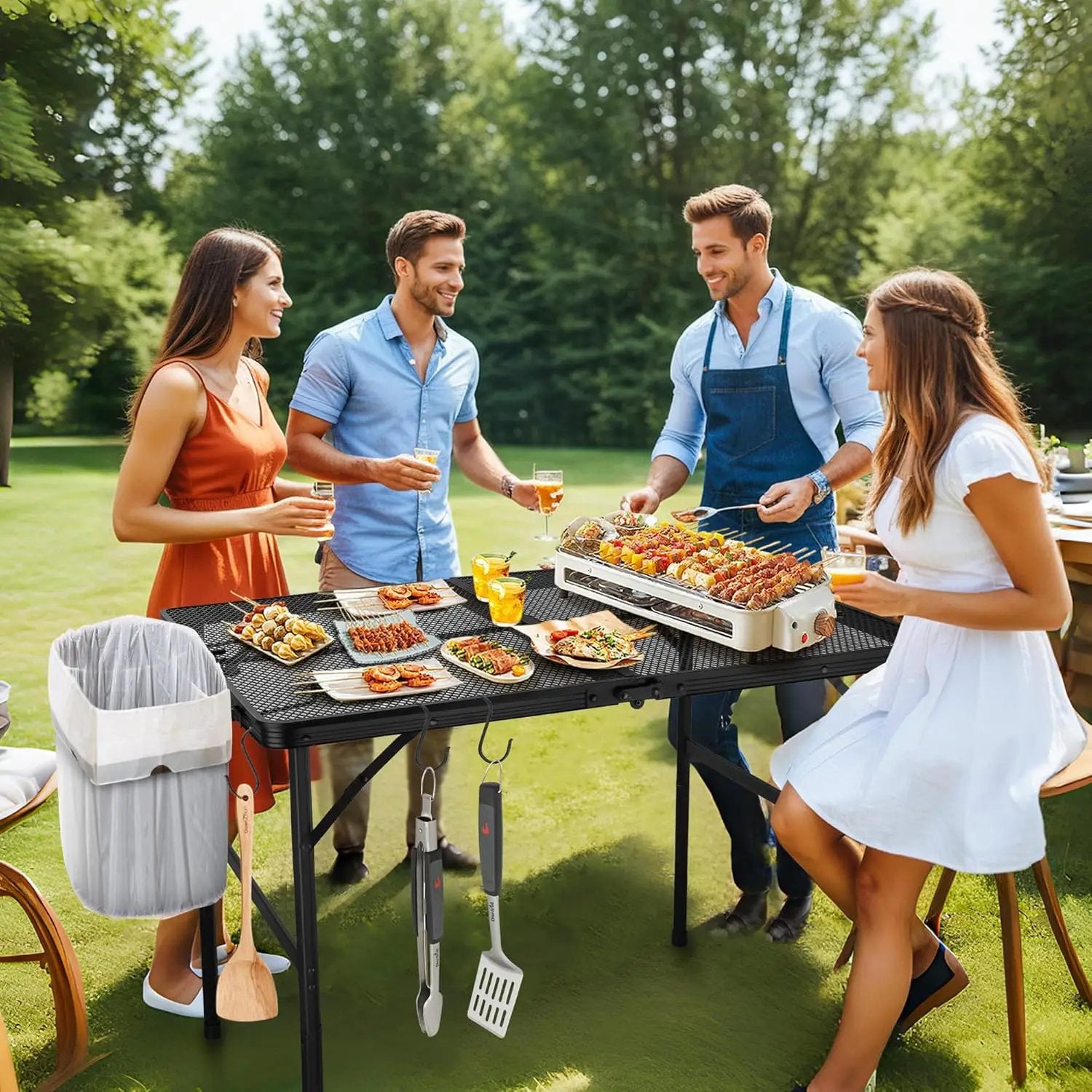 Outdoor Picnic Camping Table, Folding Grill Metal Table 3 Ft - Portable, Lightweight, Compact & Height Adjustable Collapsible Patio BBQ Table with Trash Bag Holder by GreenHaven Gardens