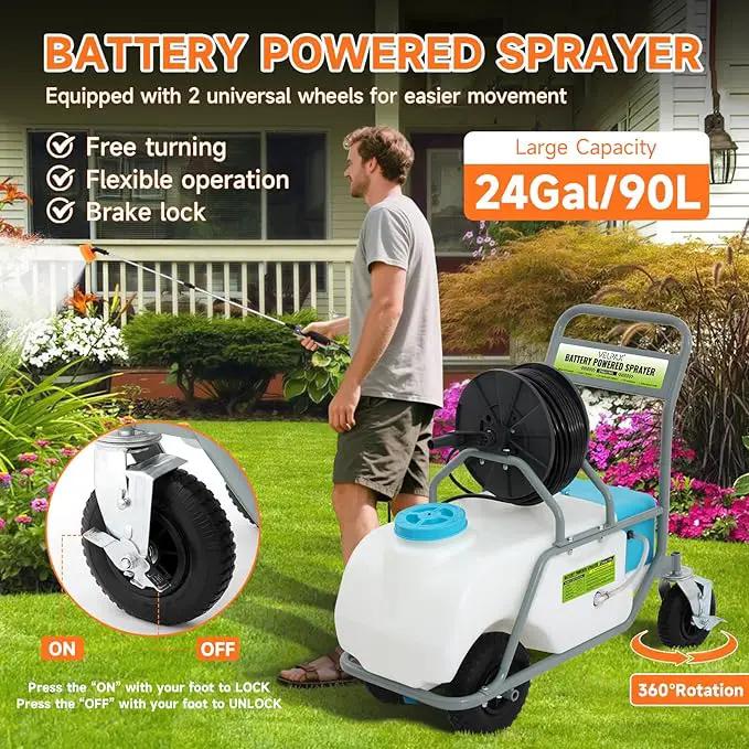 24 Gallon Battery Powered Sprayer,90 PSI Electric Pump,6 Hours Long Battery Life,12V 8Ah Battery,Adjustable HD Wand and 10 Nozzles,Portable Sprayer with Wheels for Lawn & Garden Spraying, Cleaning by GreenHaven Gardens