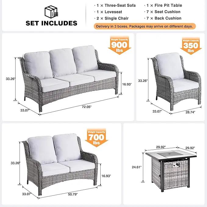 ovios 5 Pieces Patio Furniture Set with 30" Fire Pit Table, Outdoor Wicker Sofa with Loveseat, Comfy Cushions, High Back Couch Conversation Set, Grey Rattan, Grey by GreenHaven Gardens