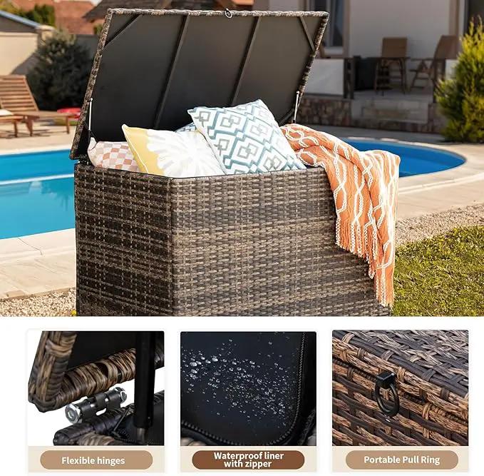 178 Gallon Outdoor Storage Box, Handle Large Portable Wicker Rattan Deck Box for Patio Furniture Cushions, Patio Deck Box with 2 WheelsThrow Pillows, Garden Tools and Pool Floats (Brown) by GreenHaven Gardens