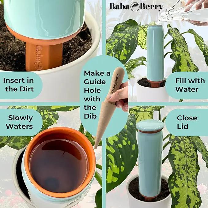 Terracotta Watering Spikes 2 Pack 17.5oz Capacity Plant Watering Devices Self Watering Spikes Large Plant Watering Globes Self Watering Planter Insert AcquaTerra with Root Dibber Installer by GreenHaven Gardens