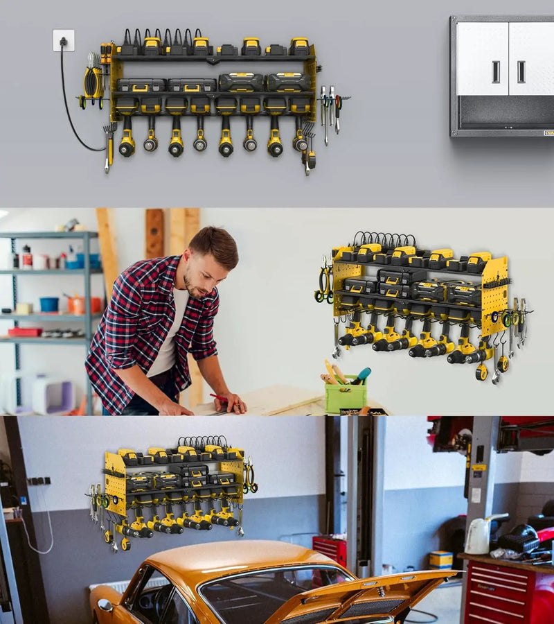 JUNNUJ Large Pegboard Power Tool Organizer with Charging Station, 8 Drills Driver and Tools Battery Holder Wall Mount with 8 Outlet Power Strip, Yellow 3-Layer Shop Garage Storage Utility Rack by GreenHaven Gardens