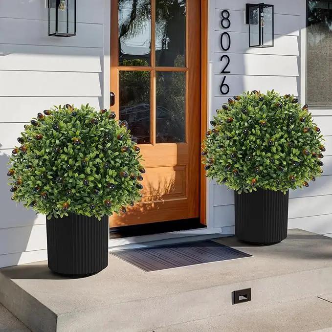Artificial olive Topiary Ball Tree 24" with Ground Spike, Set of 2 Artificial Boxwood Bushes for Faux Shrubs, Fake Evergreen Faux Plant for Indoor Outdoor Porch Garden -UV Resistant–Fade-Proof by GreenHaven Gardens