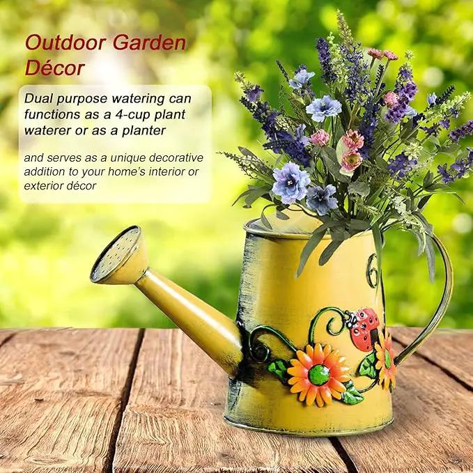 Decorative Sunflower & Ladybug Metal Watering Can (Vol: 4 Cups) | Small Yellow Watering Can | Garden Décor Housewarming Gift for Mother Women Friends Gardeners by GreenHaven Gardens