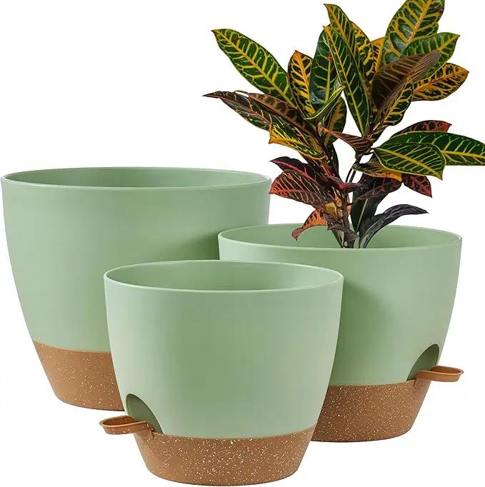 FaithLand 3-Pack Large Planter Pots, 12 10 9 Inch Self Watering Flower Pots for Indoor Outdoor Garden Plants, Green with Brown by GreenHaven Gardens