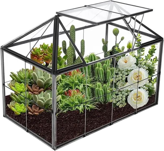 HighFree Geometric Terrarium Planter with Swing Lid, House Shape Black Handmade Glass Box, Vintage Tabletop Miniature Terrarium, for Succulent, Cacti, Air Plants (Not Watertight - 9.2x5.5x7.3 inch) by GreenHaven Gardens