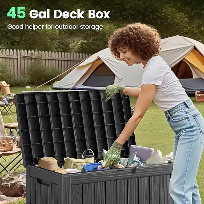 45 Outdoor Storage Box, Waterproof Resin Deck Box with Side Handles, Lockable Outdoor Bench for Indoor & Outdoor Use, Storage Bin for Patio Cushions, Garden Tools, Package Delivery, Black by GreenHaven Gardens