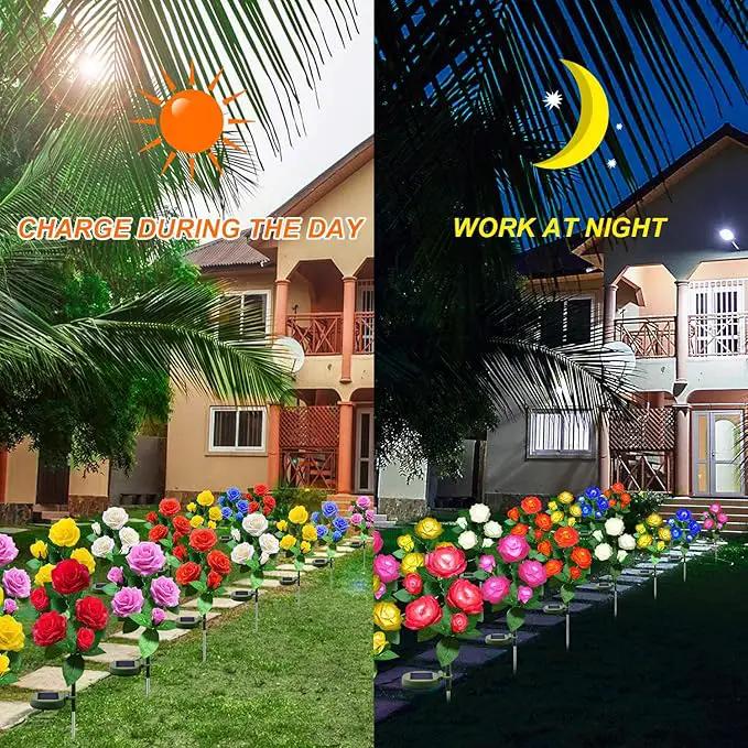 Solar Flower Lights Outdoor - Upgraded New Material Two Modes Realistic LED Solar Powered Waterproof Lights with 5 Roses, Solar Decorative Stake Lights for Garden (White, 2 Pack) by GreenHaven Gardens