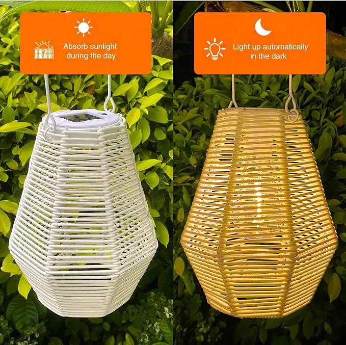 Outdoor Solar Lantern Hanging Decorative Rattan Lanterns with Handle White Large Solar Table Lamp Waterproof for Patio Garden Wedding Home Decor by GreenHaven Gardens