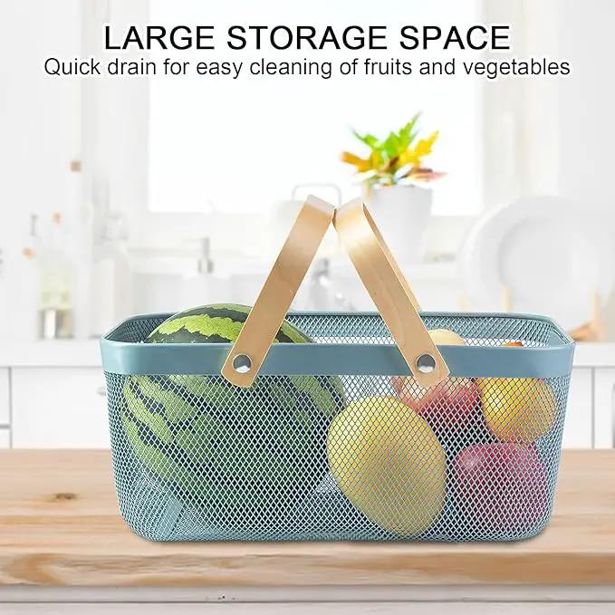 Portable Garden Harvest Basket-Mesh Design Natural Bamboo Handle Wire Storage Baskets,Mesh Basket with Handle Organize Items Reduce Space Occupation,Suitable for Kitchen,Garden,Picnic(Blue) by GreenHaven Gardens