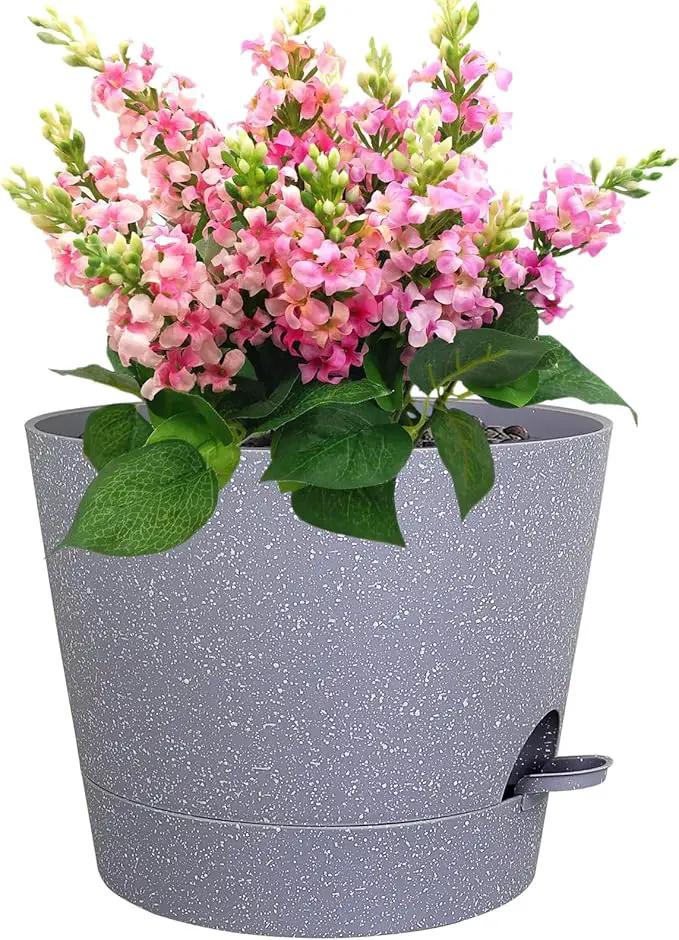 12 inch Large Self Watering Pots for Indoor Outdoor Plants, Plant Pots with Mesh Drainage Holes for Garden House Plants, Plastic Planters with Reservoir for Flower, Speckled Grey by GreenHaven Gardens