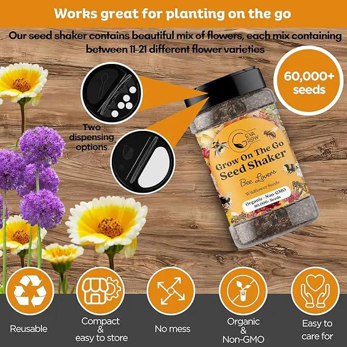 Mini Wildflower Seed Shaker - Save The Bees Seed Mix, by GevaGrow | 80,000+ Seeds | Pollinator & Bee Attracting Flower Seeds Bulk for Planting in Pots & Outdoor Gardens | 2 Ounce by GreenHaven Gardens