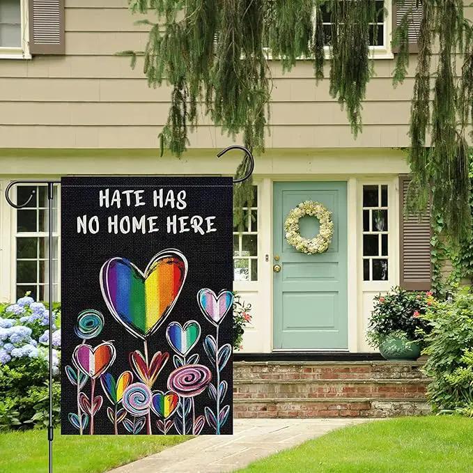 Hate Has No Home Here Pride Garden Flag 12x18 Double Sided Burlap, Small Rainbow Love Heart Gay Lesbian LGBT Pansexual Yard Sign Banner for Pride Month Porch Outdoor Decor by GreenHaven Gardens