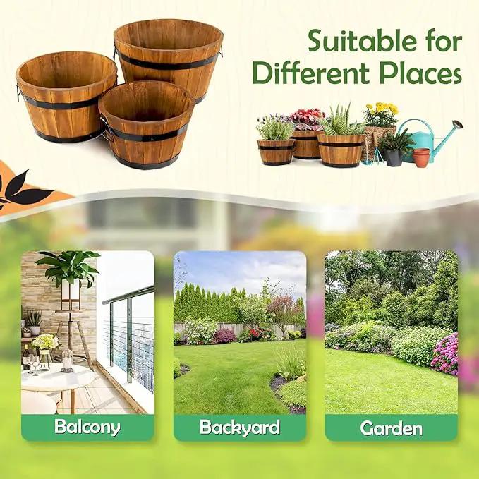 IDZO Set of 3 Wooden Flower Boxes Outdoor, Durable Acacia Wood Barrel Planters for Outdoor Plants with Ergonomic Handles, Drainage Holes, Multiple Sizes Wood Bucket Planter Light Brown by GreenHaven Gardens