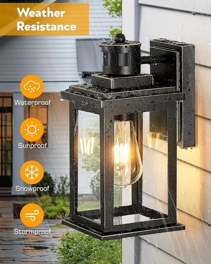 VIANIS 2 Packs Motion Sensor Outdoor Lights for House, Dusk to Dawn Front Porch Light, Black Gold Outdoor Light Fixture Sconce with Tempered Glass for House, Doorway, Entryway,Hardwired, Non-Solar by GreenHaven Gardens