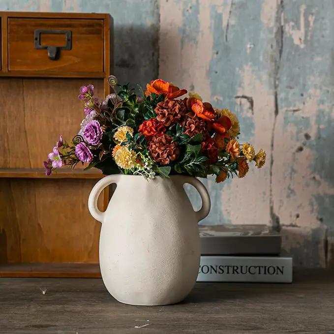 Off-White Ceramic Vase with 2 Handles, Sandstone Texture for Modern Farmhouse Decor, Rustic Pottery, Decorative Flower Vase, Clay Small Vase, Centerpiece for Dining Table - 7 Inch Tall by GreenHaven Gardens