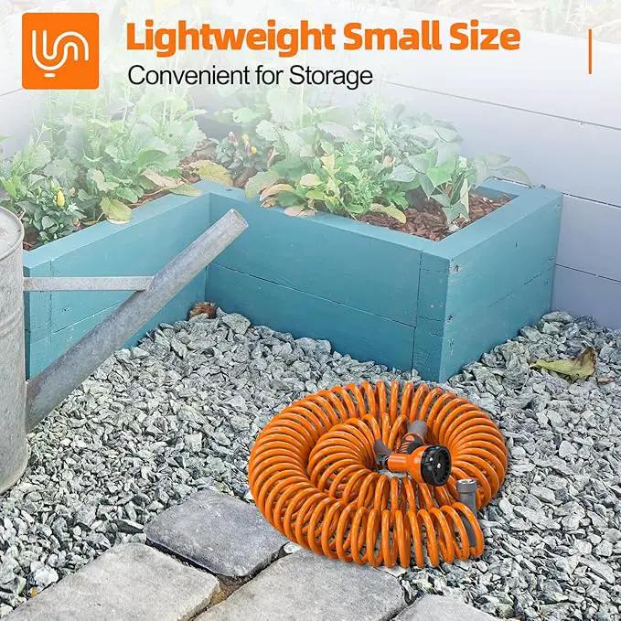 3/8” Lightweight Coil Garden Hose 75 FT, EVA Retractable Curly Water Pipe with 6-Pattern Spray Nozzle for Boat, Greenhouse, Yard, Patio (Orange) by GreenHaven Gardens