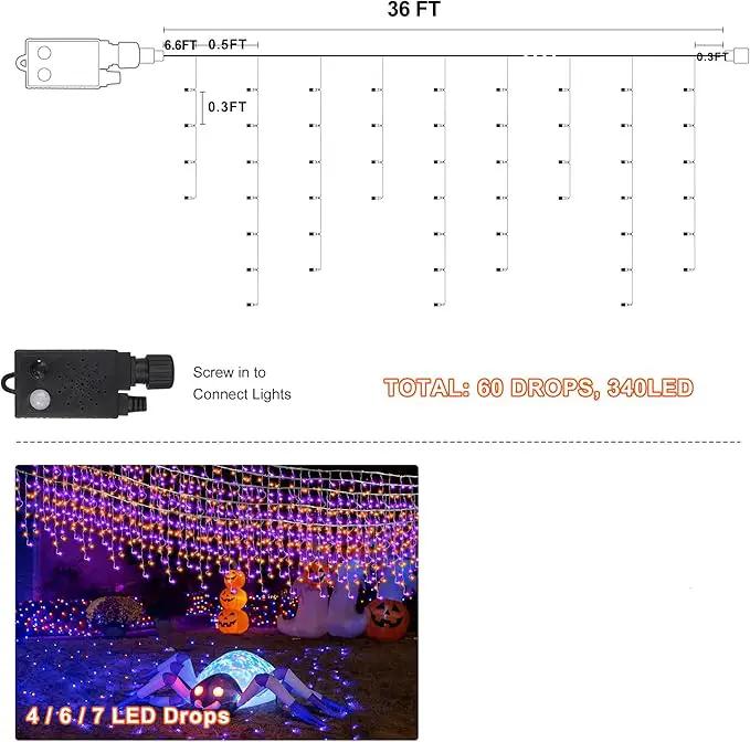 Halloween Icicle Lights with Spook Music Motion Sensing Function - 340LED 29Ft Purple Orange Curtain String Lights - Plug in Lighting for Outdoor Garden Window House Bedroom Halloween Decorations by GreenHaven Gardens
