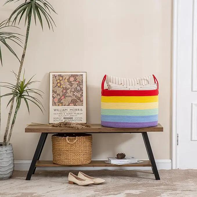 KAKAMAY Large Blanket Basket (20"x13"),Woven Baskets for storage Baby Laundry Hamper, Cotton Rope Blanket Basket for Living Room, Laundry, Nursery, Pillows, Baby Toy chest (Rainbow) by GreenHaven Gardens