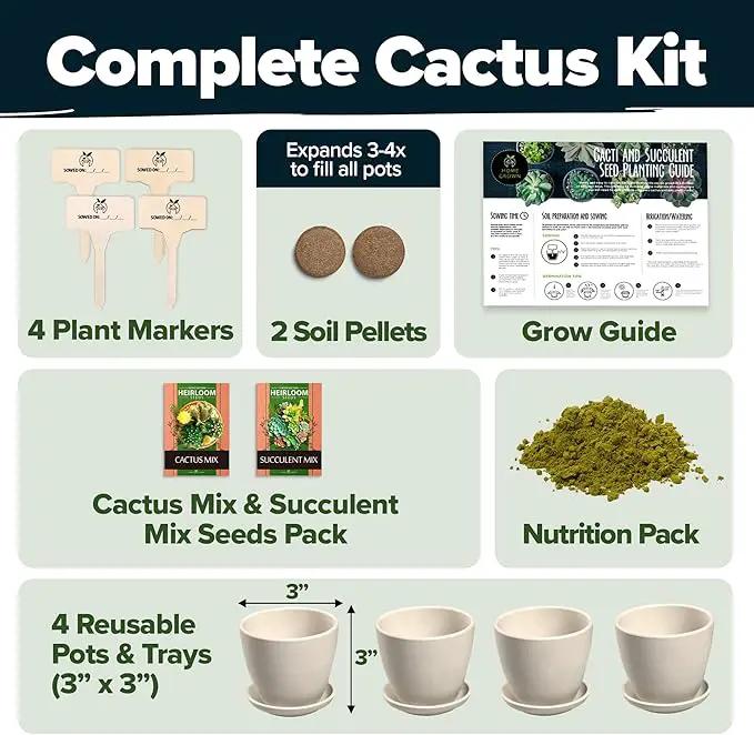 HOME GROWN Succulent & Cactus Seed Kit for Planting – [Enthusiasts Favorites] Premium Cactus & Succulent Starter Kit: 4 Planters, Drip Trays, Markers, Seeds Mix, Soil - DIY Gift Kits by GreenHaven Gardens