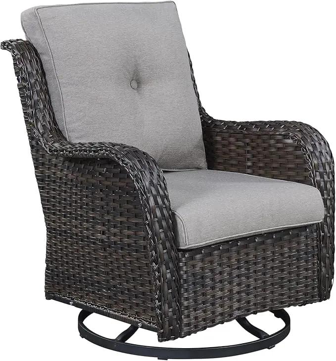Outdoor Patio Swivel Rocker Chairs - Single Wicker Rattan Patio Swivel Rocking Chair with High Back,Deep Seating and Comfort Cushions for Deck Porch Garden,Brown/Grey by GreenHaven Gardens