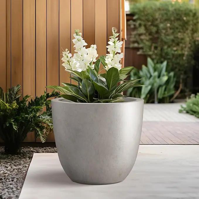 Kante 10 Inch Dia Round Concrete Planter, Indoor Outdoor Large Plant Pot with Drainage Hole and Rubber Plug for Home Patio Garden, Buff Concrete by GreenHaven Gardens