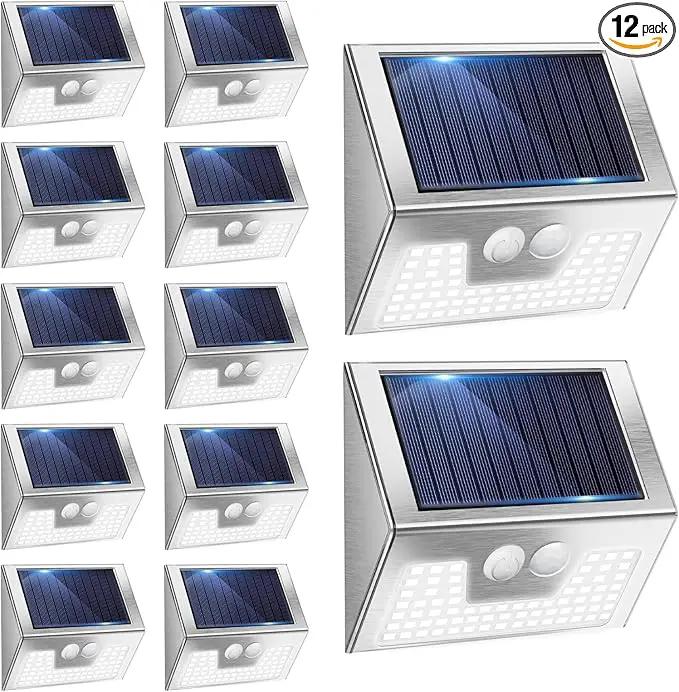 Vighrep 12-Pack Solar Motion Lights - Outdoor, Brushed Nickel, Bright Cold White, Waterproof LED Fence Lights Wireless for Wall, Yard, Steps, Stairs, Garden by GreenHaven Gardens
