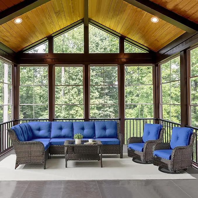 Outdoor Furniture Sectional Sofa L Shaped Couch - Patio Wicker Set with 2 Swivel Glider Chairs, 5 Piece Rattan Patio Conversation Sets with Blue Cushion for Deck Backyard Sunroom by GreenHaven Gardens