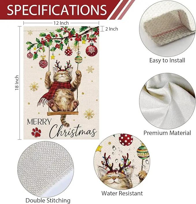 Heyfibro Merry Christmas Cute Cat Swing Garden Flag 12x18 Inch Double Sided Burlap, Retro Christmas Ball Snowflake Yard Banner for Winter Holiday Xmas Seasonal Outdoor Decoration(ONLY FLAG) by GreenHaven Gardens