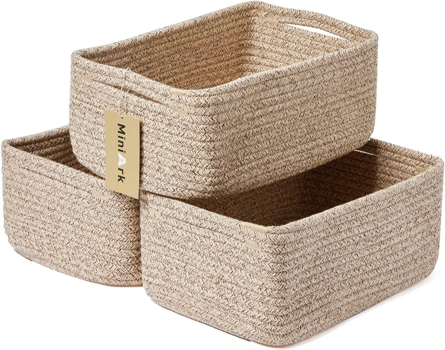 Small Storage Baskets for Organizing | Closet Organizer Bins | Shelf Toy Basket | Woven Rope Baskets | Cube Decorative Box | Shallow Basket | 13x8.5x5.1” | 3 Packs Mixed Brown by GreenHaven Gardens