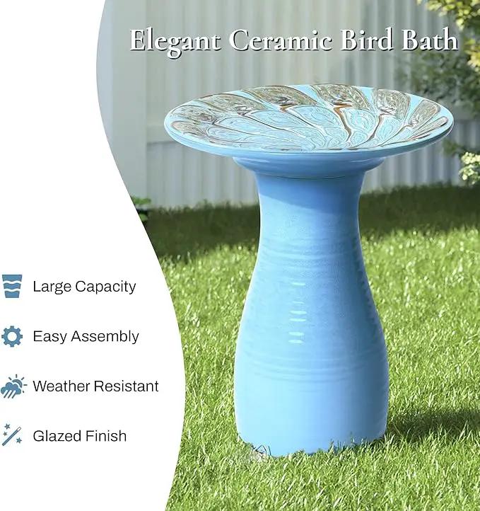 LuxenHome 20 Inch Ceramic Bird Bath for Outside, Elegant Tall Outdoor Bird Bath, Lightweight Pedestal Glazed Birdbaths for Outdoors with Leaf Pattern, Sky Blue by GreenHaven Gardens