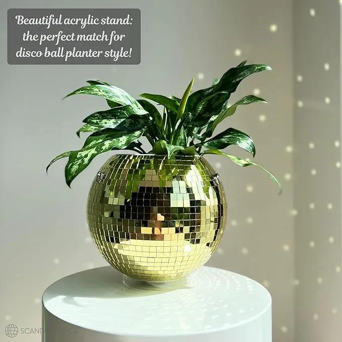 SCANDINORDICA Disco Ball Planter – Value Package: Mirror Disco Planter with Chain, Macrame Hanger and Acrylic Stand for Desk, Includes Self Watering Pot, Plant Accessories | 10 inch Gold by GreenHaven Gardens