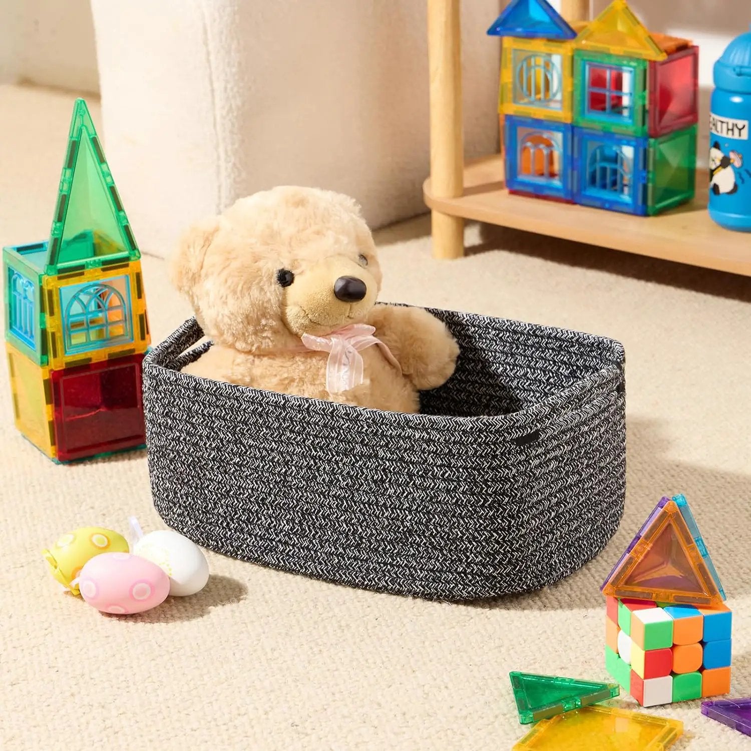Small Storage Baskets for Organizing | Closet Organizer Bins | Shelf Toy Basket | Woven Rope Baskets | Cube Decorative Box | Shallow Basket | 13x8.5x5.1” | 3 Packs Dark Gray by GreenHaven Gardens