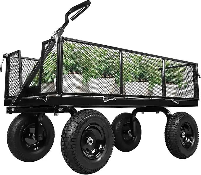 Taifa Heavy Duty 1100 Lbs Capacity Steel Garden Cart with 11.5 inch Tire, Removable Side Panels Turn Into Flatbed, Utility Cart for Yard Lawn and Farm, Metal Wagon with 180° Rotating Handle, Black by GreenHaven Gardens