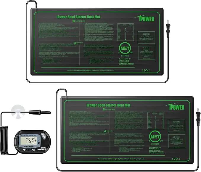 iPower Durable Seedling Heat Mat Warm 10" x 20" - 2 Pack Hydroponic Heating Pad Waterproof and A Digital Thermometer for Seed Starting Greenhouse and Germination by GreenHaven Gardens