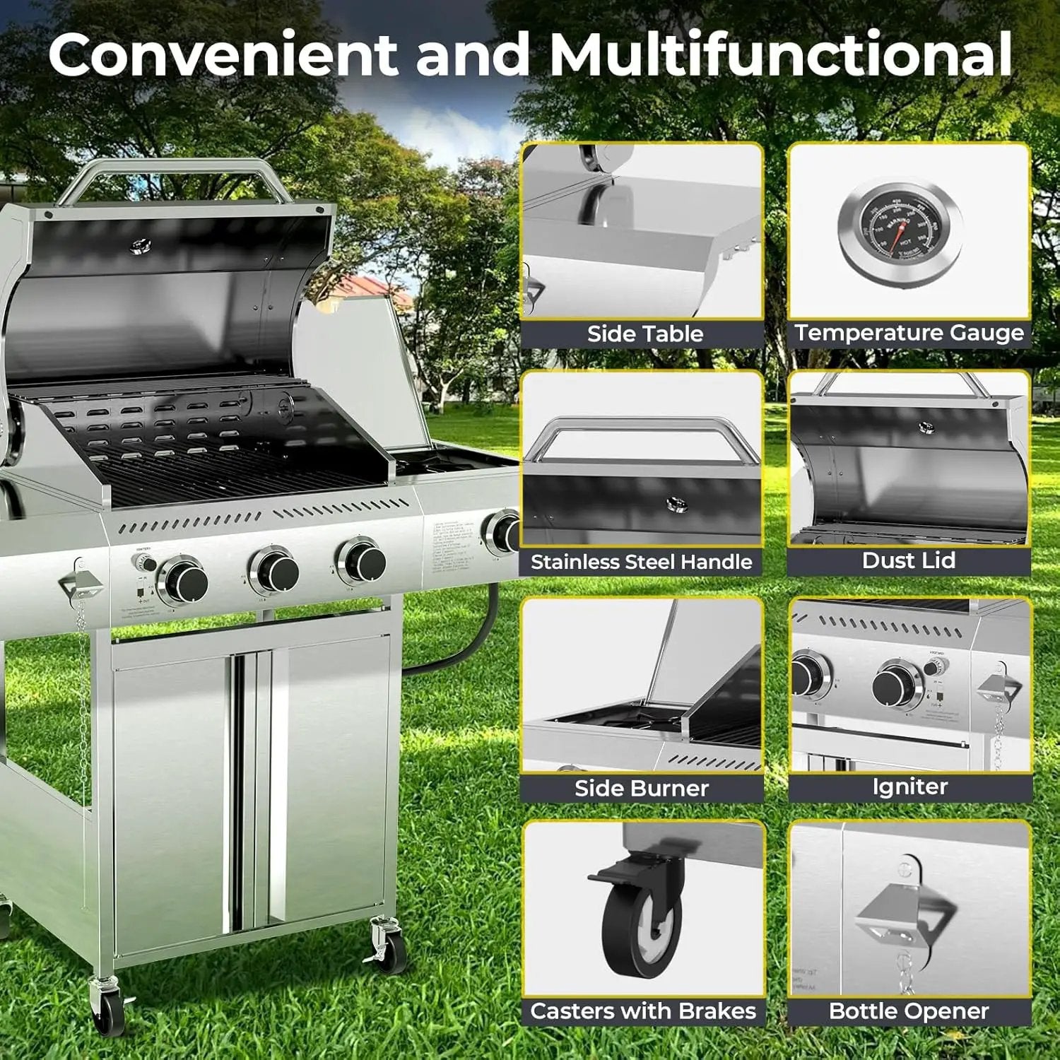 R.W.FLAME 3-Burner Propane Gas Grill With Sider Burner,304 Stainless Steel Propane Grill 34,000BTU,Multifunction & Protable Outdoor Barbecue Grill with Casters for Camping & Parties by GreenHaven Gardens