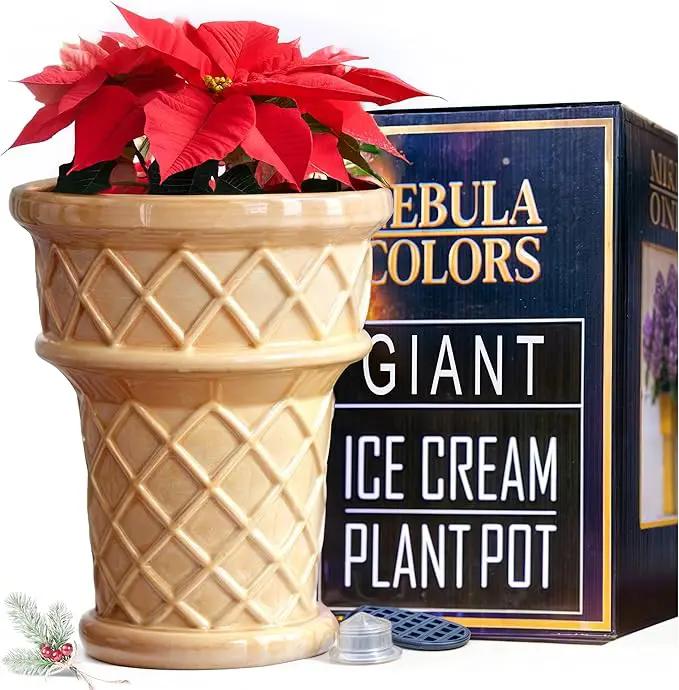 Fun & Unique Giant Ice Cream Cone Planter & Vase Quirky Large Ceramic 12” Tall Indoor Outdoor Vase for Plant Lovers – Perfect for Multiple Plants or Statement Garden Art by GreenHaven Gardens