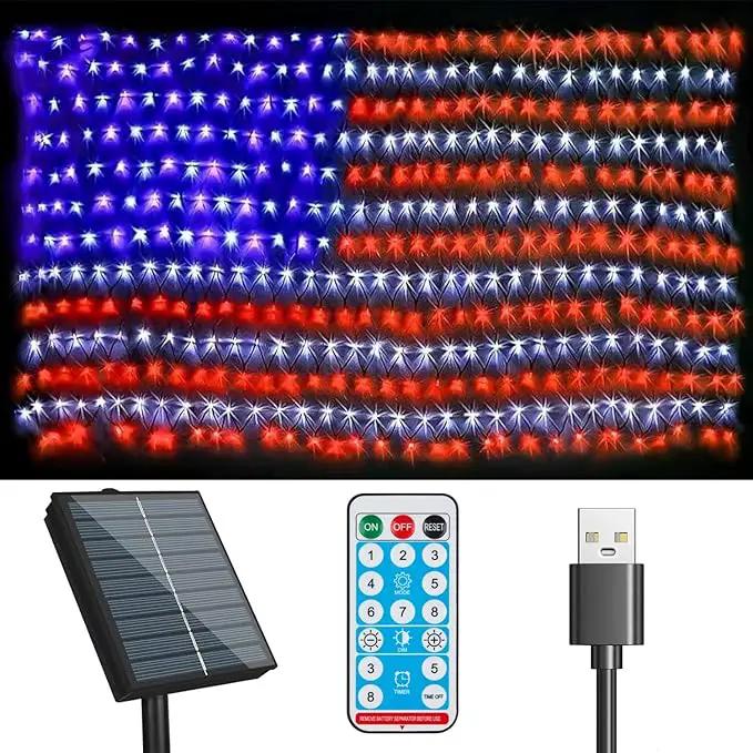 Solar American US Flag Lights [Solar & USB 2 Power Way], 420 LEDs Waterproof USA Net Lights, 6.75 FT x 3.53 for Garden, 4th of July, Independence Day Decoration by GreenHaven Gardens
