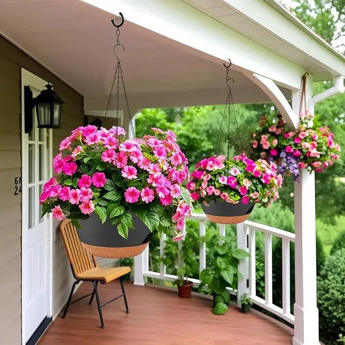 2 Pack 12 Inch Large Hanging Planters with Chains Self Watering Black Brown Plastic Hanging Pots for Indoor Outdoor Plants, Garden Porch Home Decor，Black Brown by GreenHaven Gardens