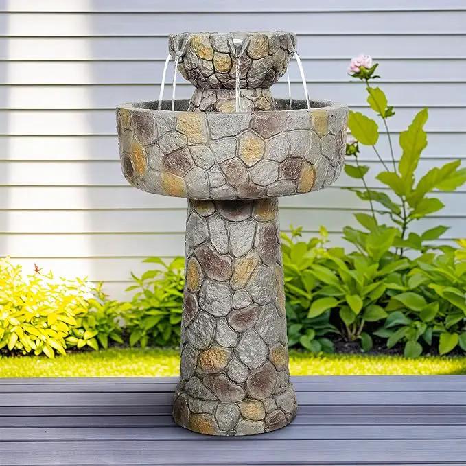 SunJet 25.7” High x 15.3” Diameter Concrete Bird Bath with Faux Stone Finish - Outdoor Water Fountain with Electric Pump - Birdbath for Garden, Patio, Yard, Lawn Décor by GreenHaven Gardens