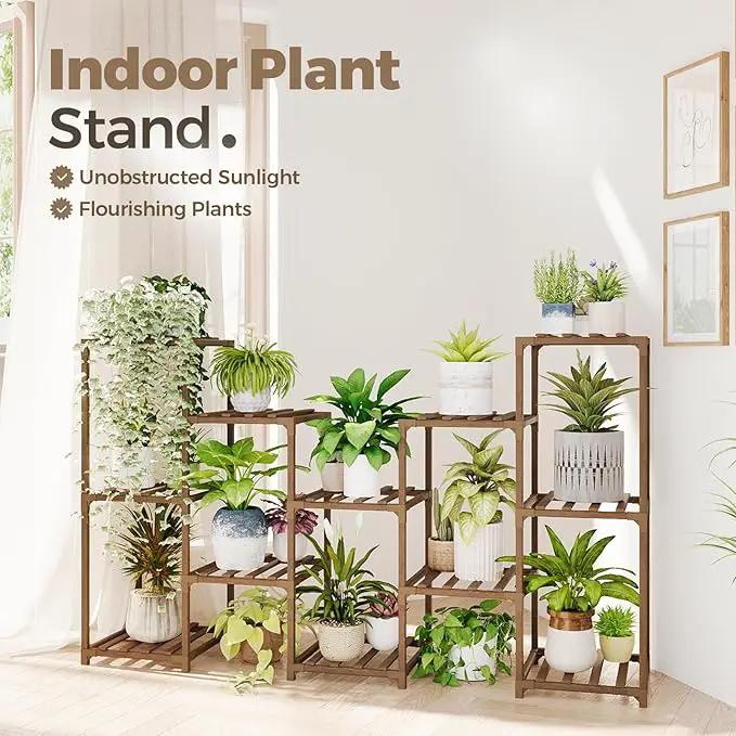 Bamworld Large Plant Shelf Outdoor Wood Plant Stand Large Rack for Living Room Patio, Balcony and Garden by GreenHaven Gardens