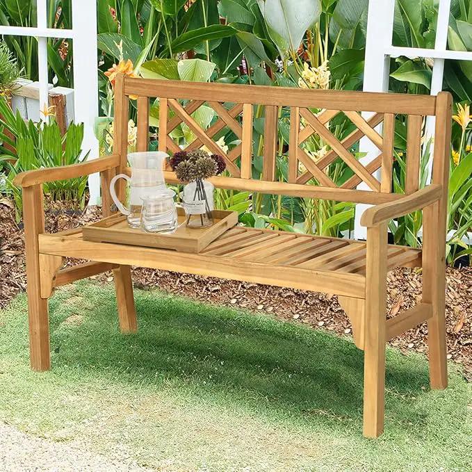 Giantex 4 Ft Foldable Outdoor Bench, Acacia Wood Outside Loveseat with Curved Backrest and Armrest, 705Lbs Weight Capacity, Garden Bench for Patio, Park, Porch, Balcony by GreenHaven Gardens