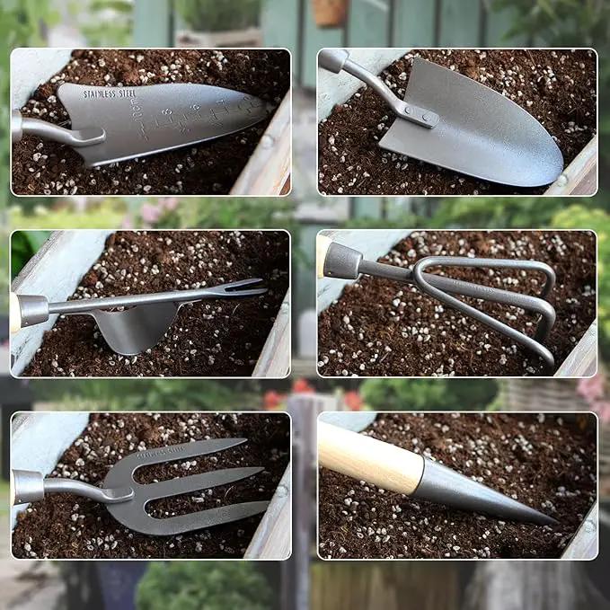 Japanese Gardening Tools Set, 6 Pcs Garden Tools Set, Black Painted Stainless Steel Heavy Duty Gardening Tools Kit, Hand Trowel, Dibble, Hand Rake, Weeder, Transplanter and Hand Folk… by GreenHaven Gardens